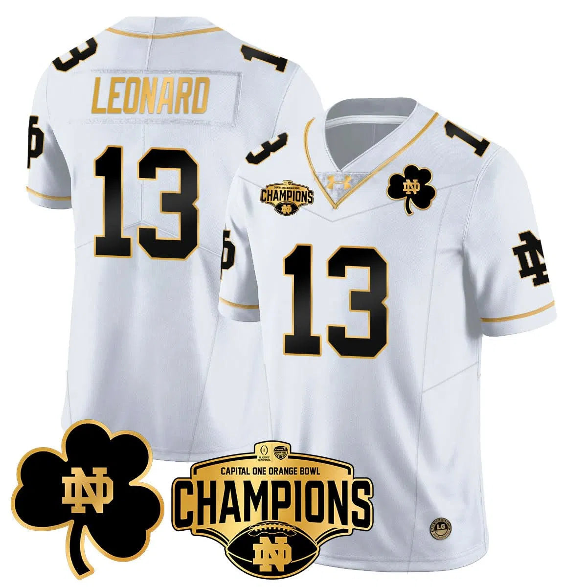 Personalized NDFI 2026 Orange Bowl Champions Jersey N5 - White Gold / Riley Leonard Stitched