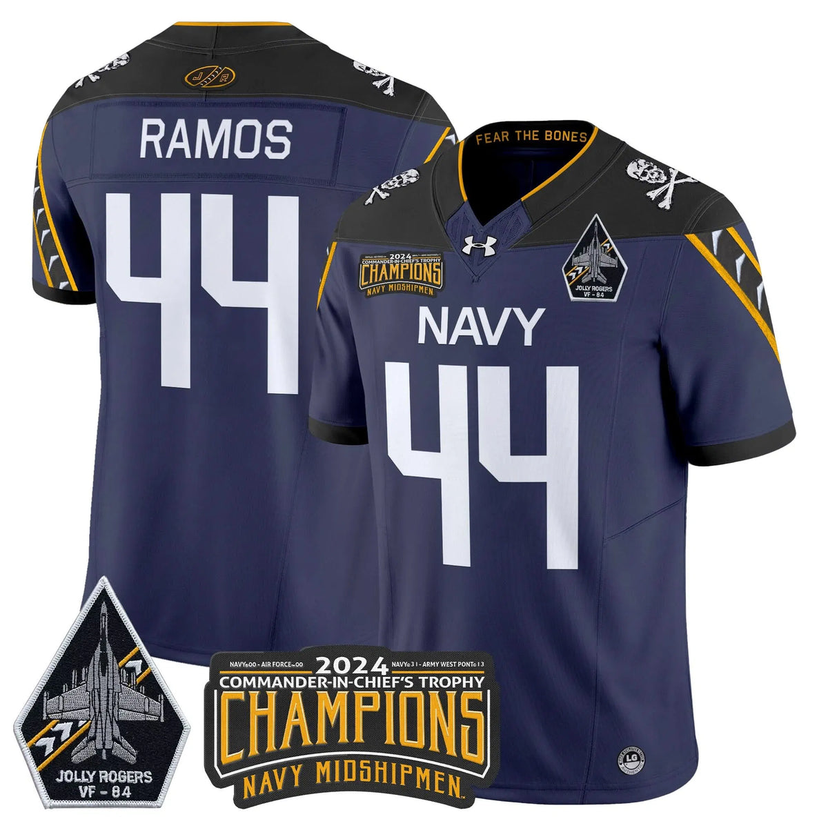 Personalized NM 2026 Jolly Rogers VF-84 & Commander-In-Chief's Trophy Champions Patch Vapor Limited Jersey - Navy / Colin Ramos Stitched