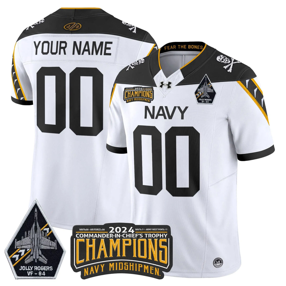 Personalized NM 2026 Jolly Rogers VF-84 & Commander-In-Chief's Trophy Champions Patch Vapor Limited Custom Jersey - White Stitched