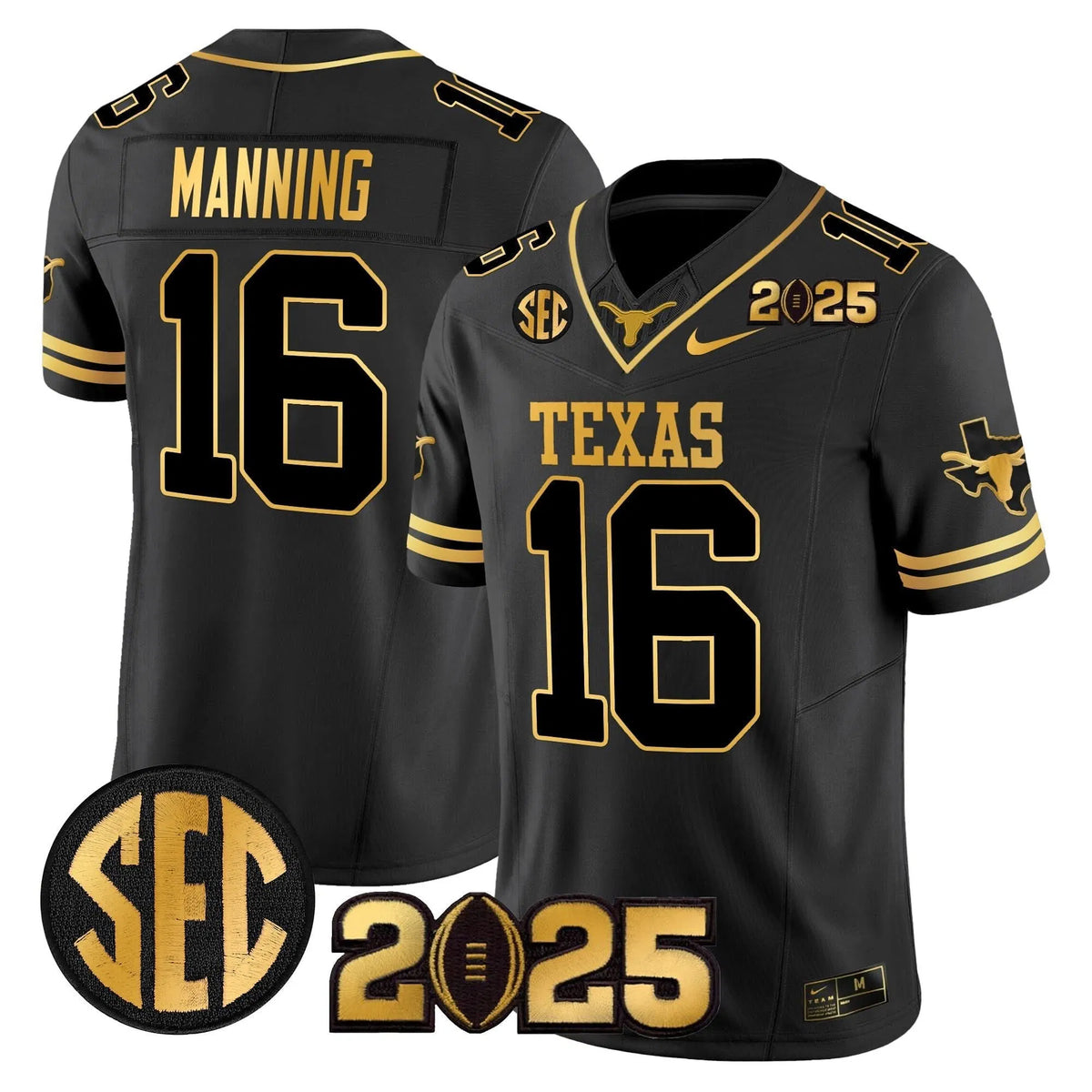 Personalized TL 2026 CFP Final Gold Patch Vapor Limited Jersey - Black Gold / Arch Manning Stitched