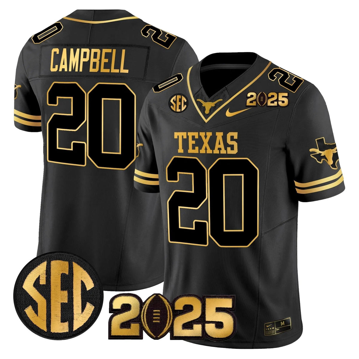 Personalized TL 2026 CFP Final Gold Patch Vapor Limited Jersey - Black Gold / Earl Campbell Stitched
