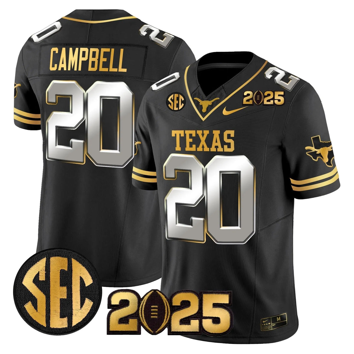 Personalized TL 2026 CFP Final Gold Patch Vapor Limited Jersey - Black Limited / Earl Campbell Stitched