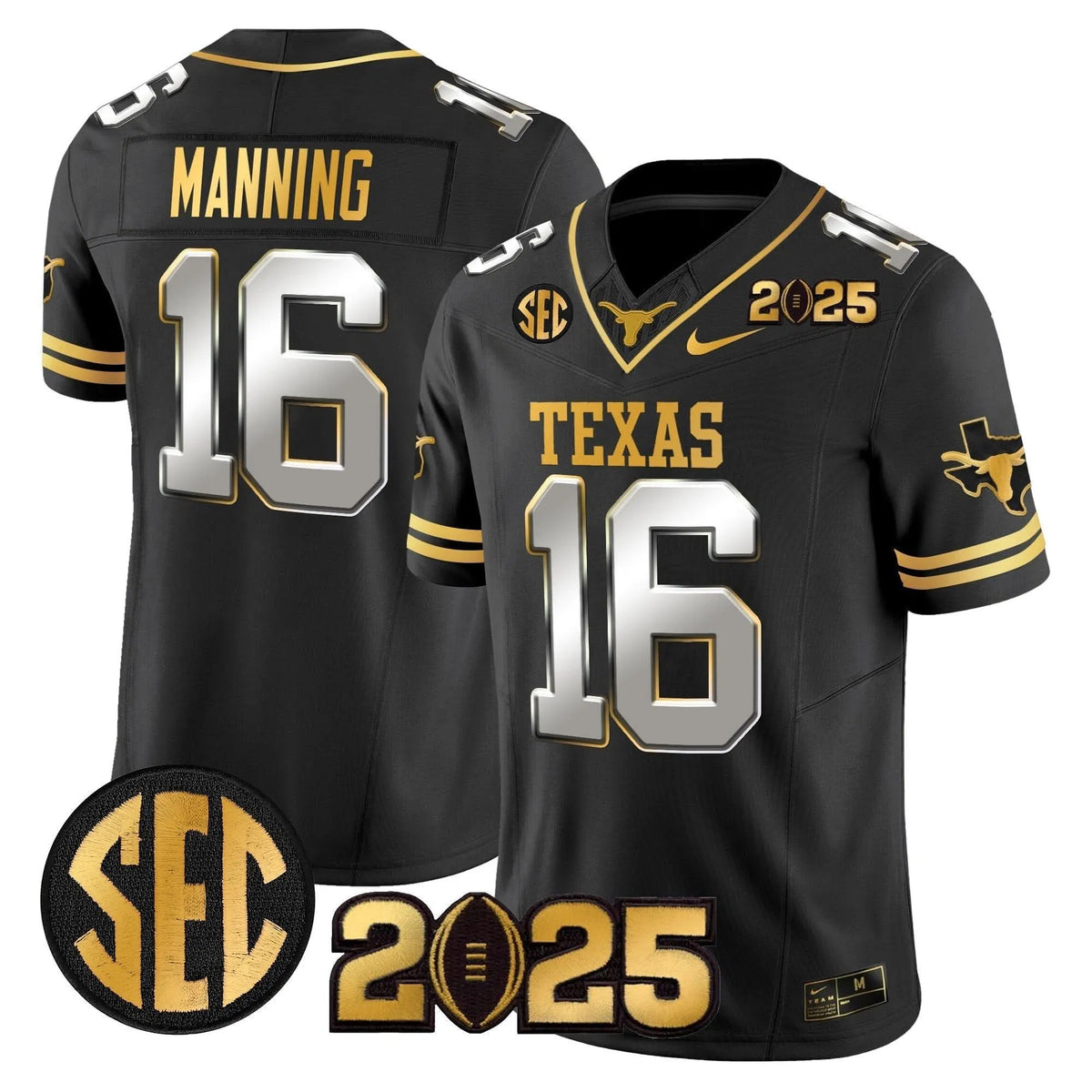 Personalized TL 2026 CFP Final Gold Patch Vapor Limited Jersey - Black Limited / Arch Manning Stitched