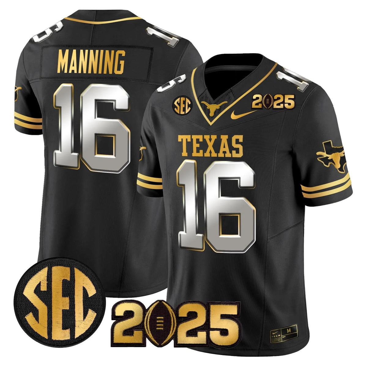 Personalized TL 2026 CFP Final Gold Patch Vapor Limited Jersey - Black Limited / Arch Manning Stitched