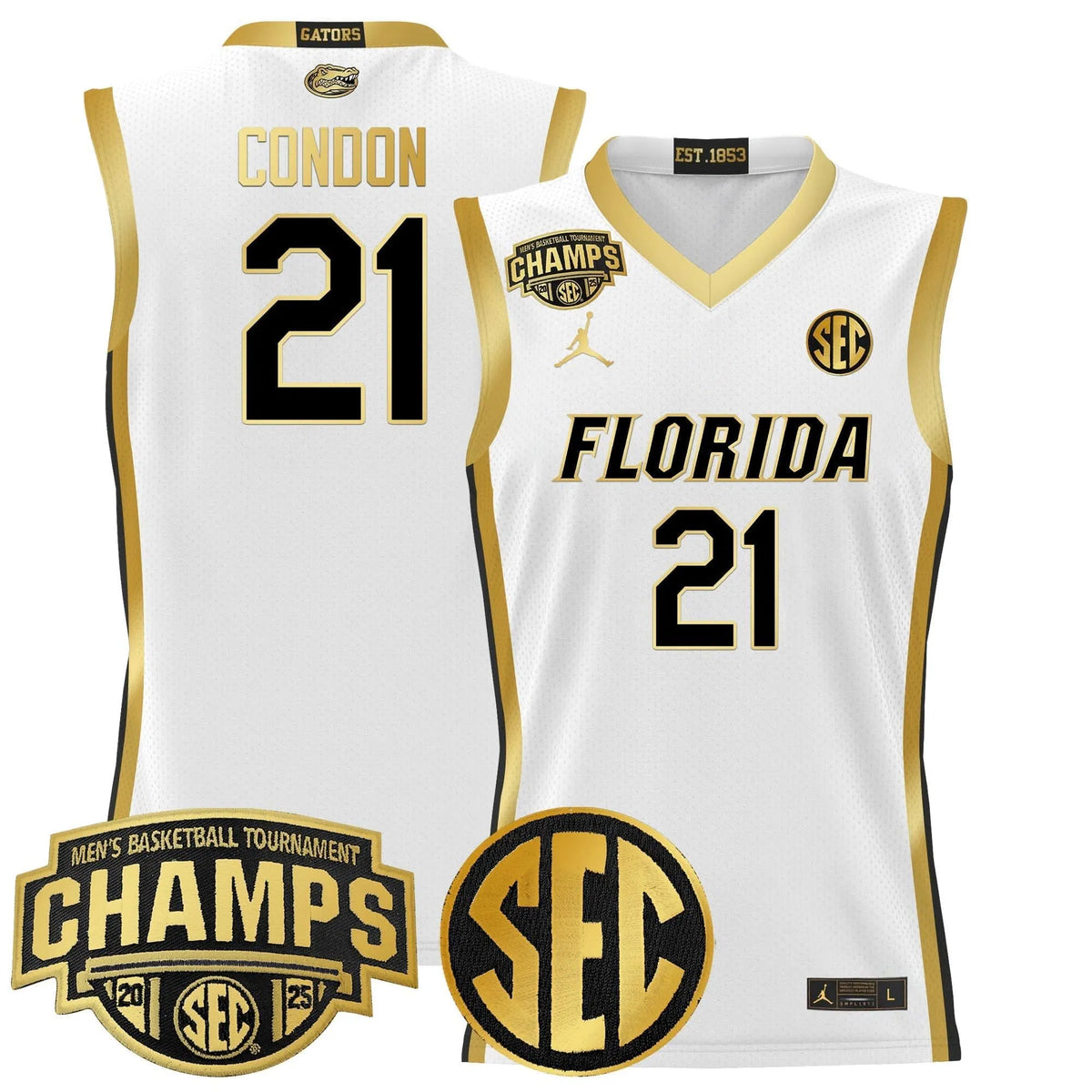 Personalized FG 2026 SEC Conference Tournament Champions Basketball Jersey - Stitched - White Gold / Alex Condon Stitched