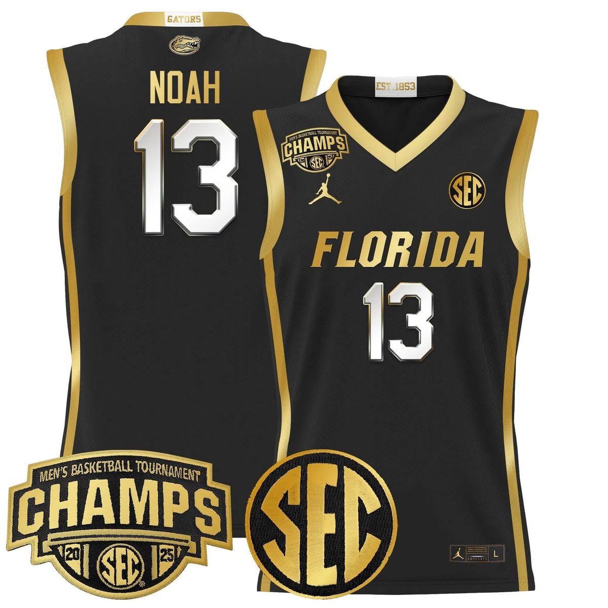 Personalized FG 2026 SEC Conference Tournament Champions Basketball Jersey - Stitched - Black Gold / Joakim Noah Stitched