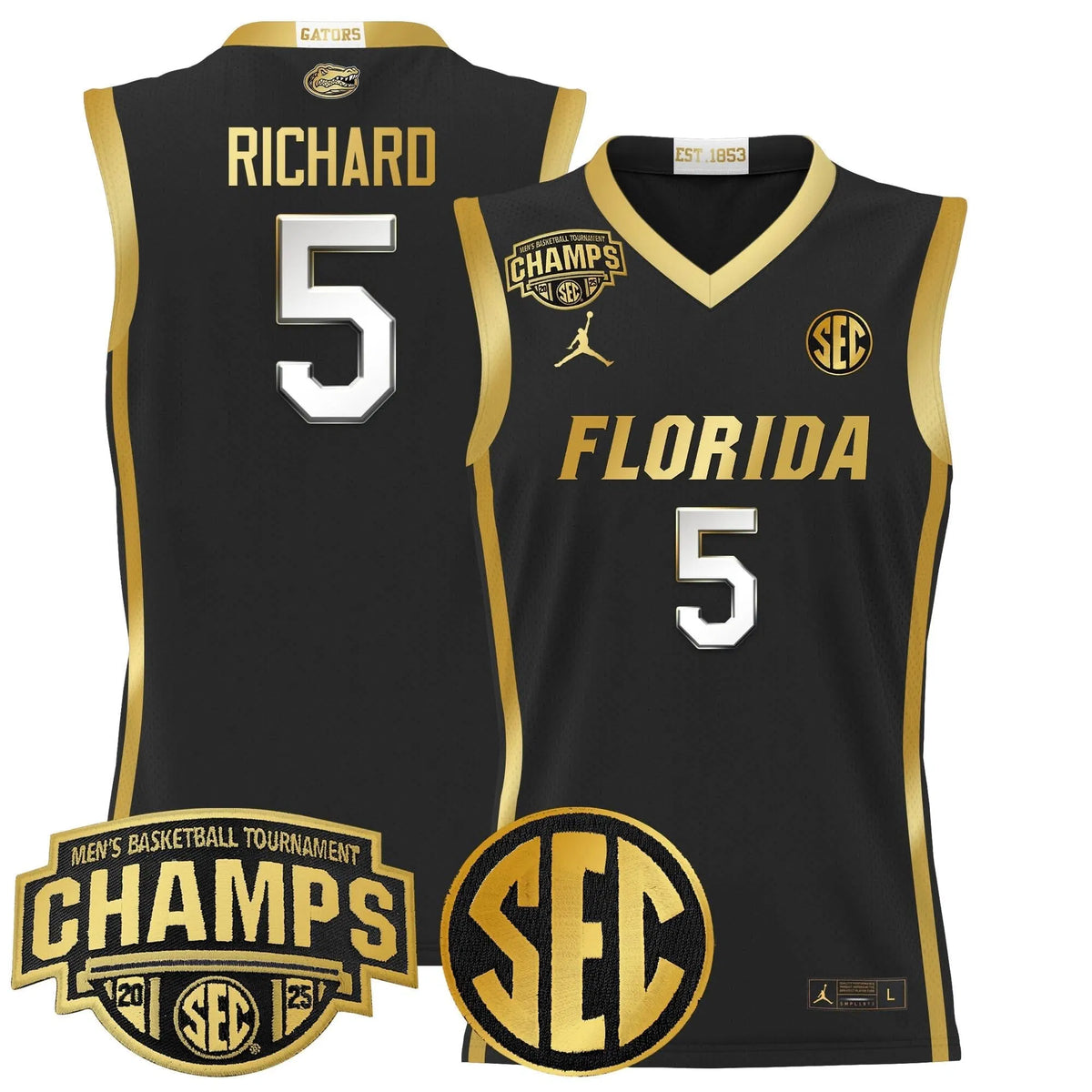 Personalized FG 2026 SEC Conference Tournament Champions Basketball Jersey - Stitched - Black Gold / Will Richard Stitched