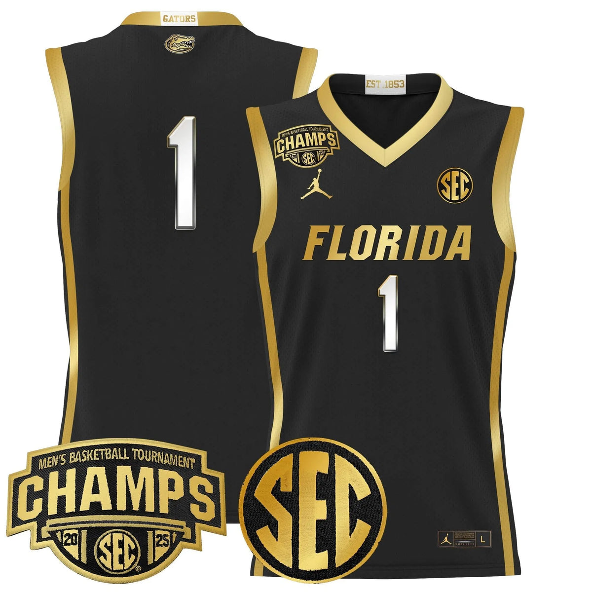 Personalized FG 2026 SEC Conference Tournament Champions Basketball Jersey - Stitched - Black Gold / #1 Team Stitched