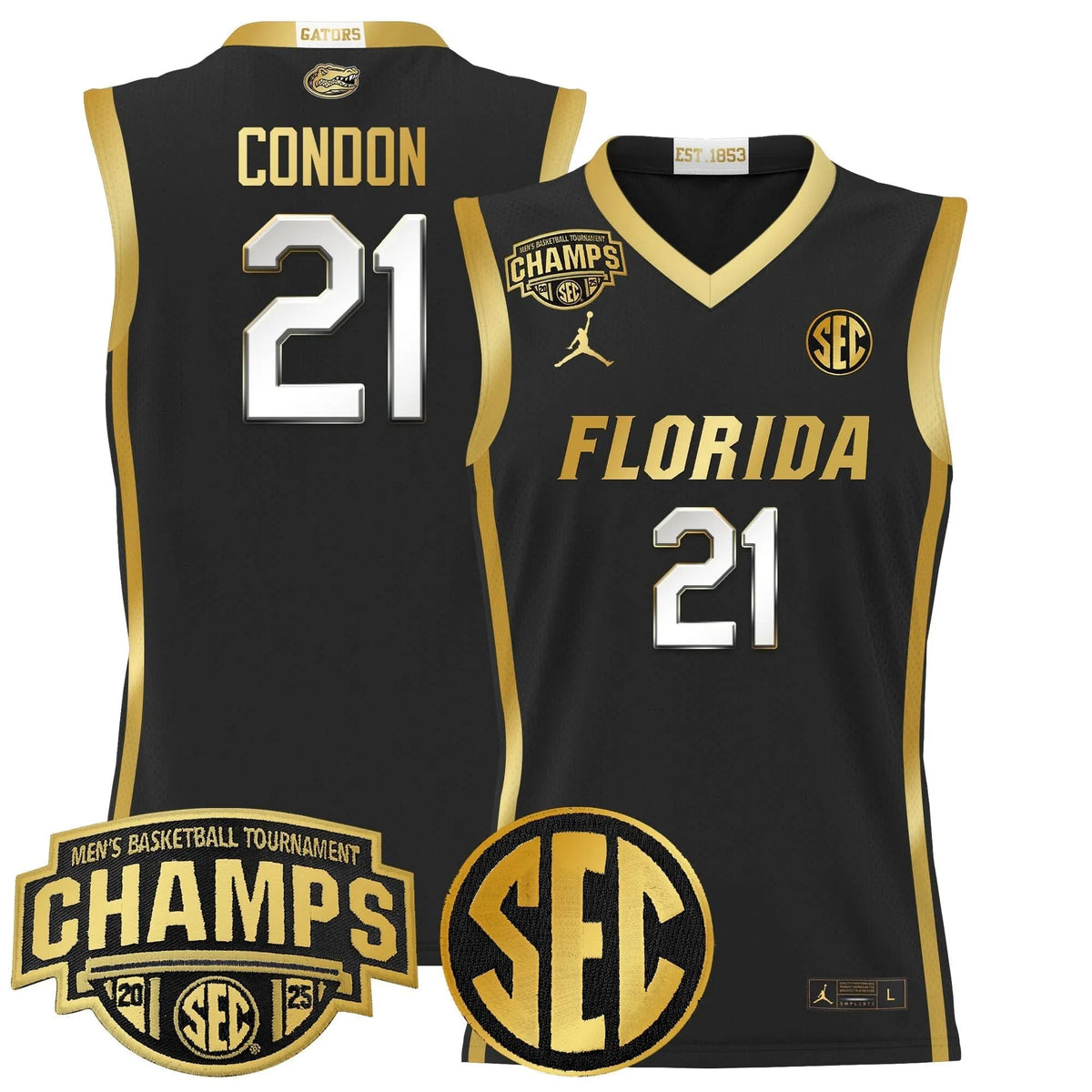 Personalized FG 2026 SEC Conference Tournament Champions Basketball Jersey - Stitched - Black Gold / Alex Condon Stitched