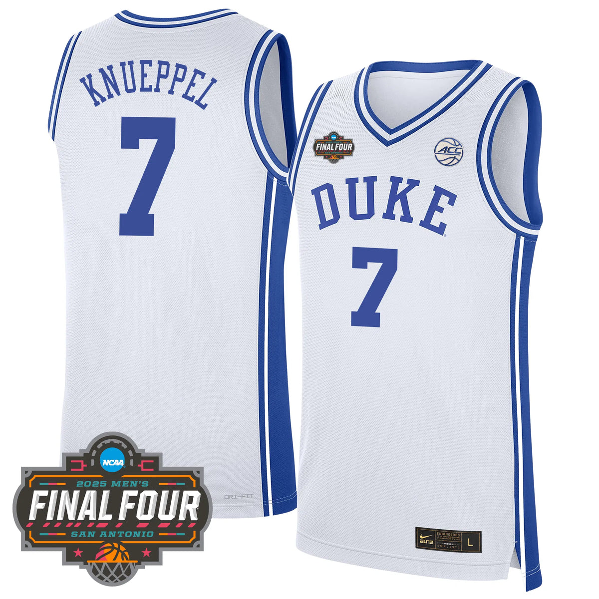 Personalized DUKE Basketball 24/25 Jersey - Final Four Patch - KNUEPPEL - 7 / White Stitched