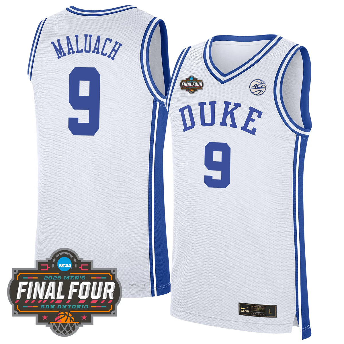 Personalized DUKE Basketball 24/25 Jersey - Final Four Patch - MALUACH - 9 / White Stitched
