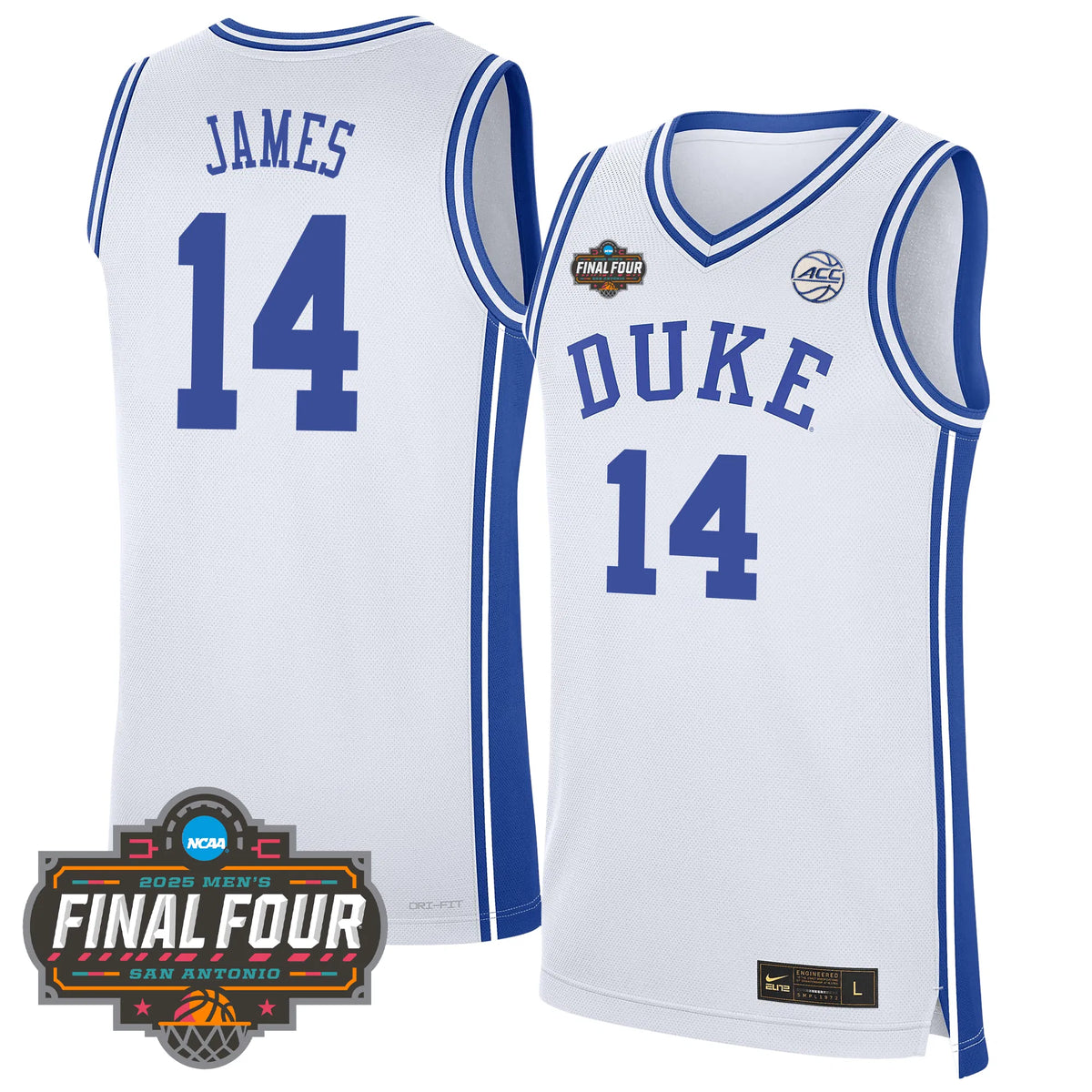 Personalized DUKE Basketball 24/25 Jersey - Final Four Patch - JAMES - 14 / White Stitched