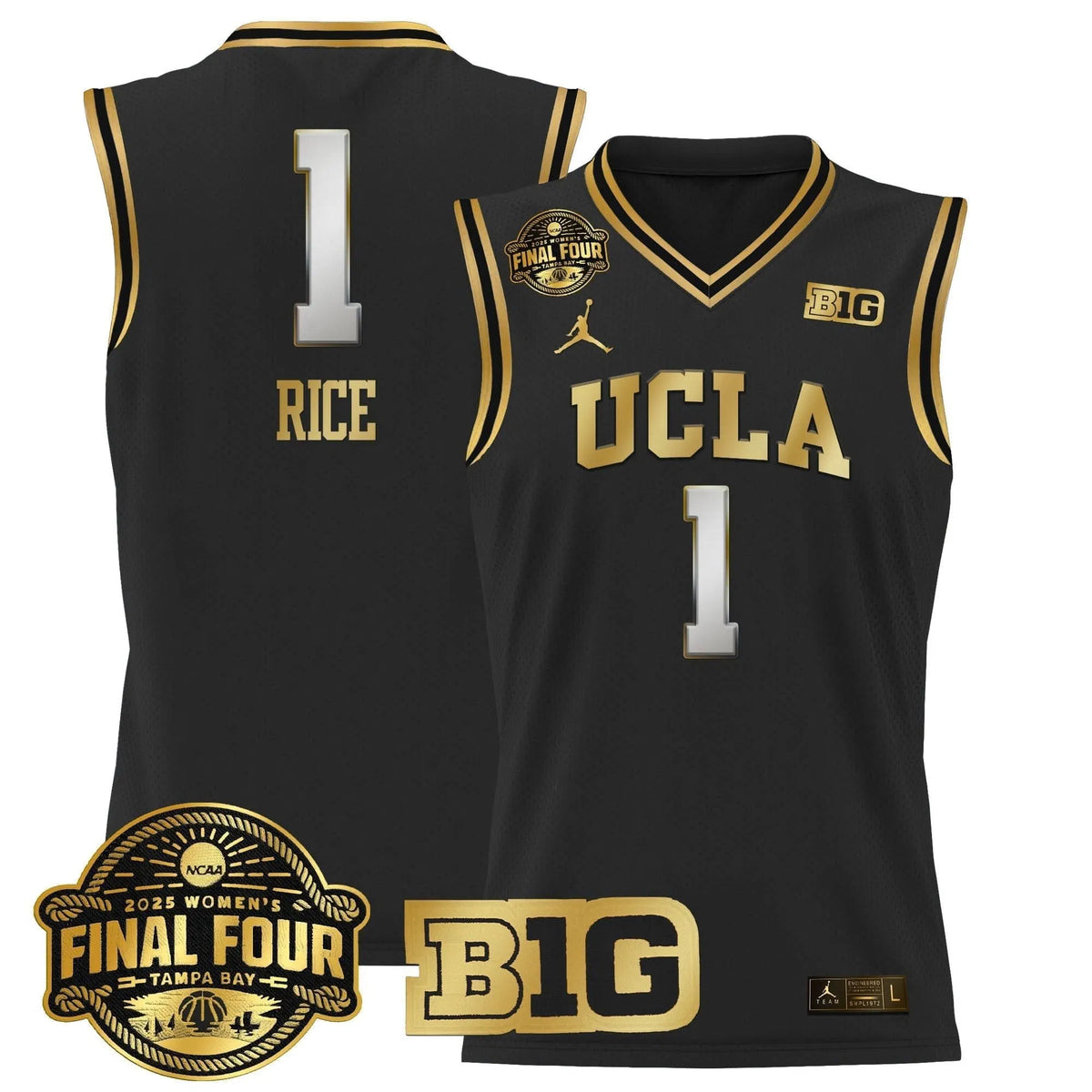 Personalized UCLA 2026 Big Ten Women's Final Four Patch Lightweight Basketball Jersey - Stitched - Black Gold / Kiki Rice Stitched