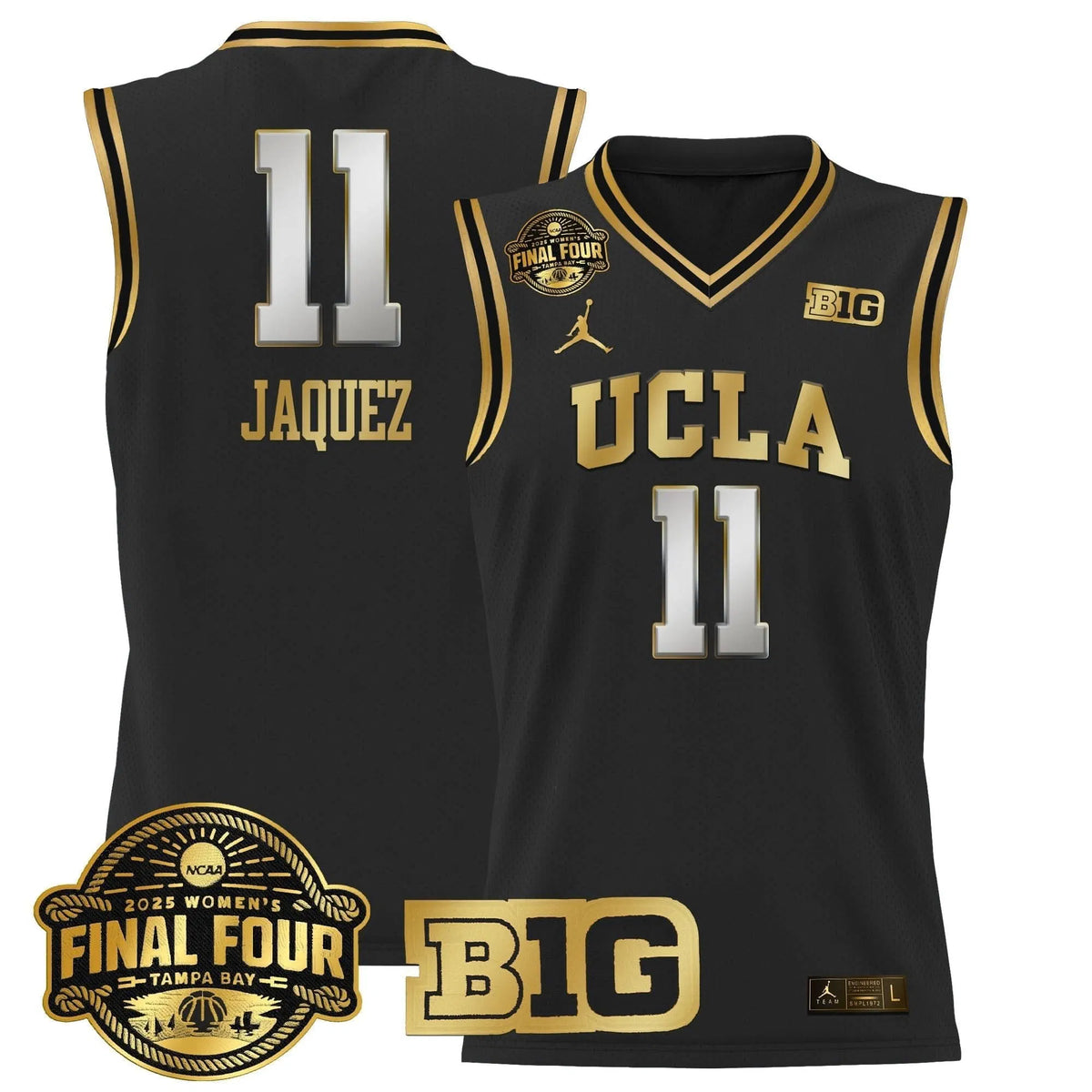 Personalized UCLA 2026 Big Ten Women's Final Four Patch Lightweight Basketball Jersey - Stitched - Black Gold / Gabriela Jaquez Stitched