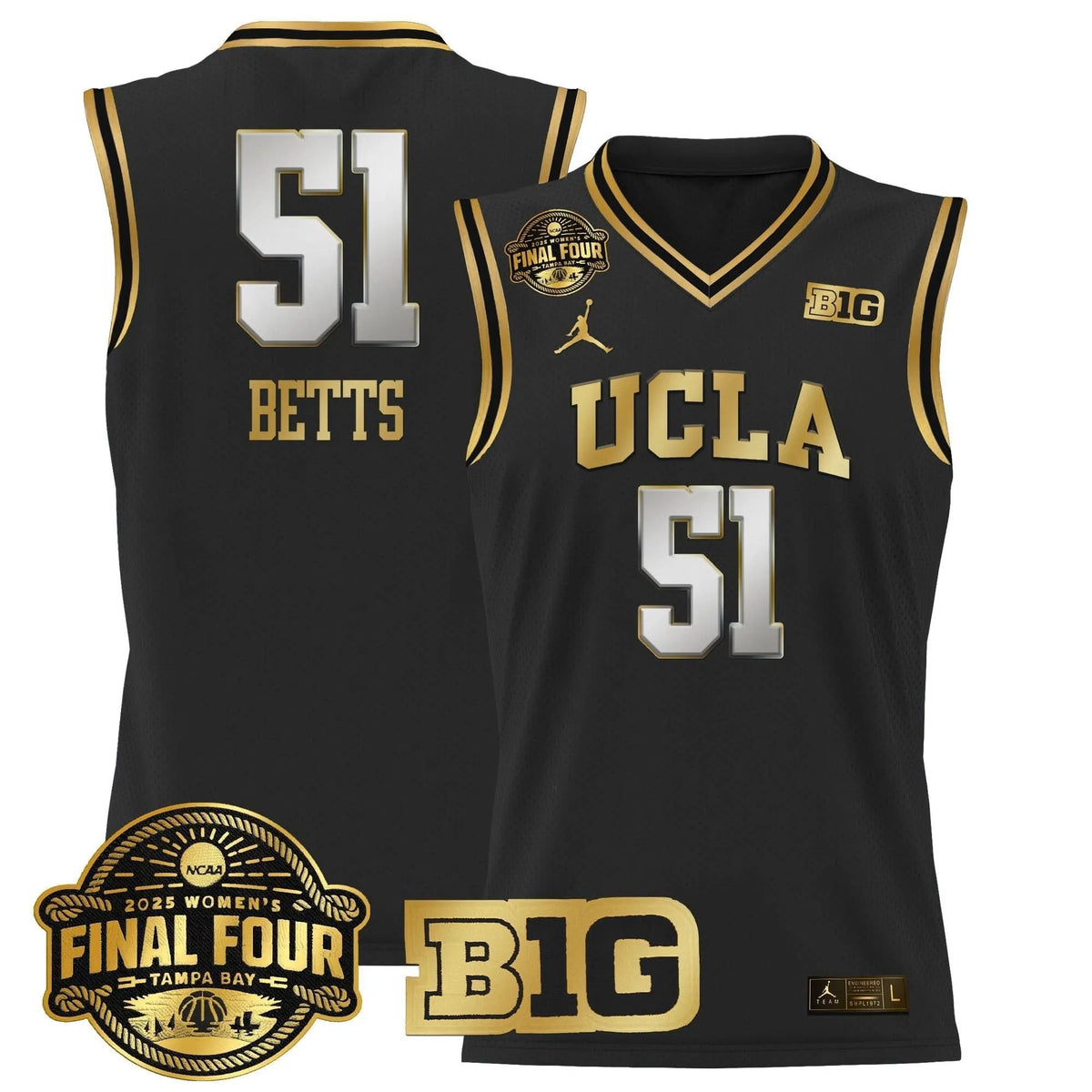 Personalized UCLA 2026 Big Ten Women's Final Four Patch Lightweight Basketball Jersey - Stitched - Black Gold / Lauren Betts Stitched