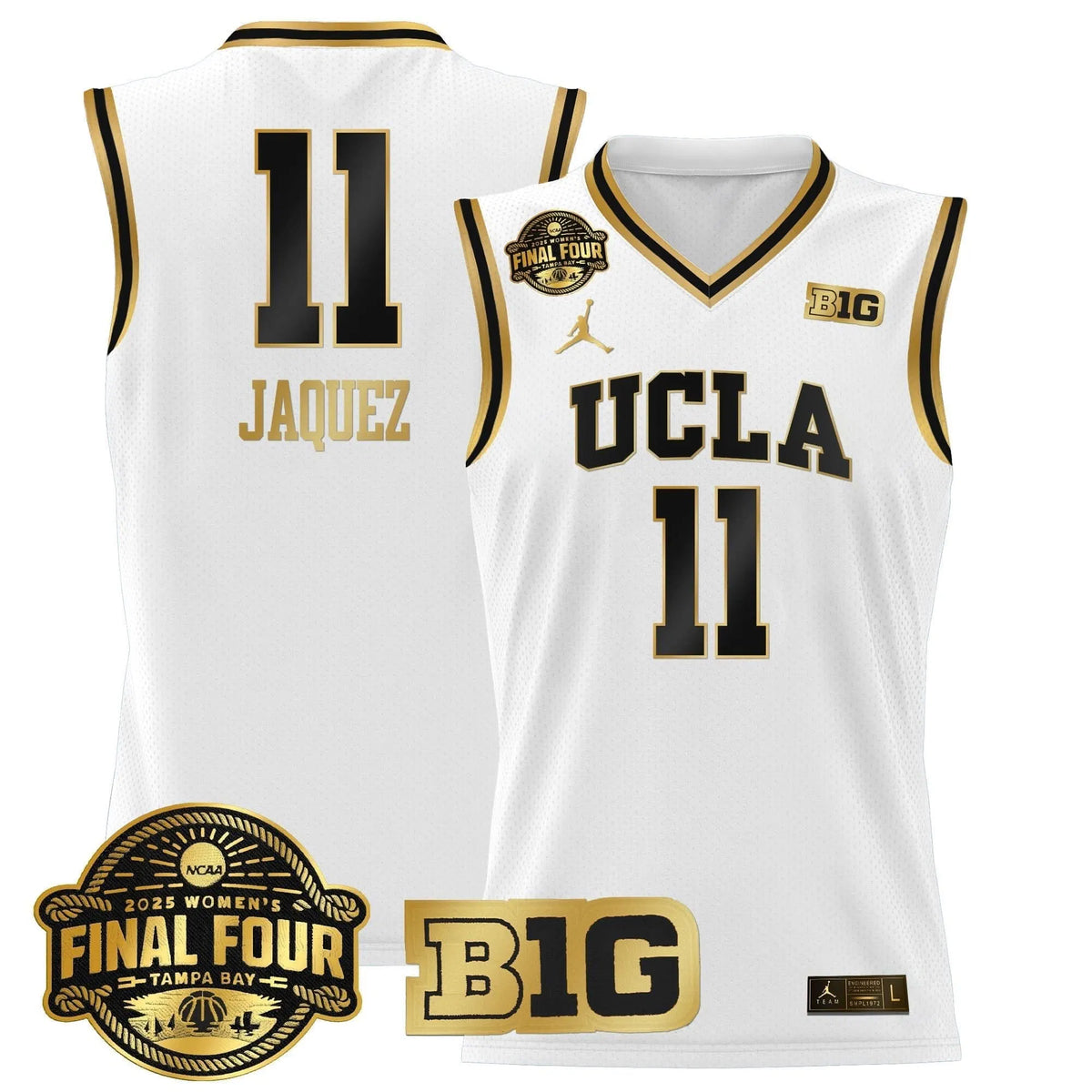 Personalized UCLA 2026 Big Ten Women's Final Four Patch Lightweight Basketball Jersey - Stitched - White Gold / Gabriela Jaquez Stitched