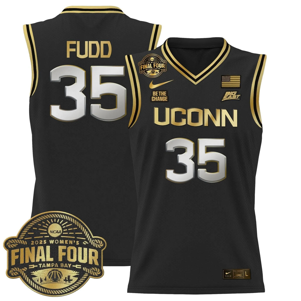 Personalized UCONN 2026 Big Eat Women's Final Four Patch Lightweight Basketball Jersey - Stitched - Black Gold / Azzi Fudd Stitched