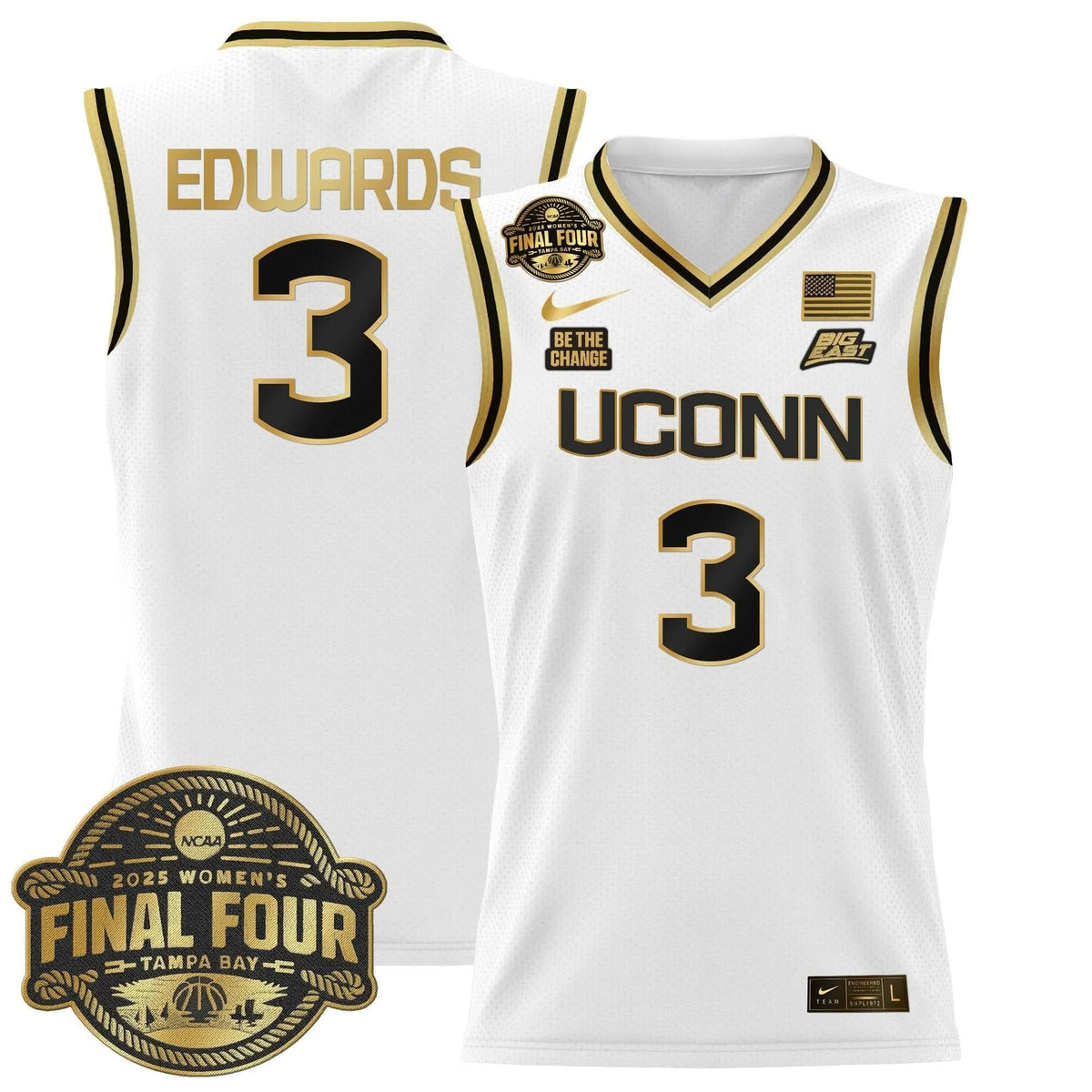 Personalized UCONN 2026 Big Eat Women's Final Four Patch Lightweight Basketball Jersey - Stitched - White Gold / Aaliyah Edwards Stitched