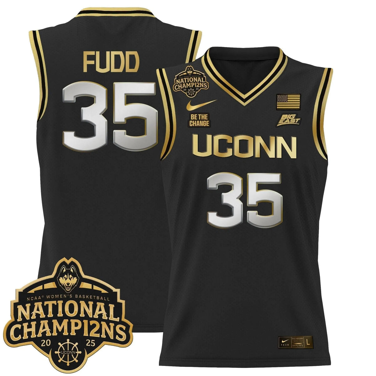 Personalized UCONN 2026 Women's National Champions Patch Lightweight Basketball Jersey - Stitched - Black Gold / Azzi Fudd Stitched
