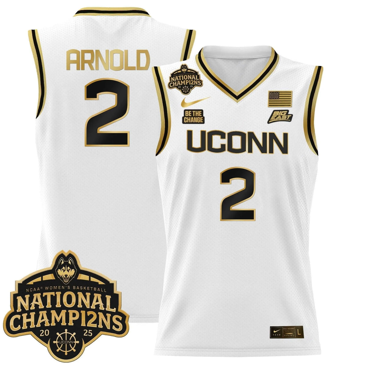 Personalized UCONN 2026 Women's National Champions Patch Lightweight Basketball Jersey - Stitched - White Gold / KK Arnold Stitched