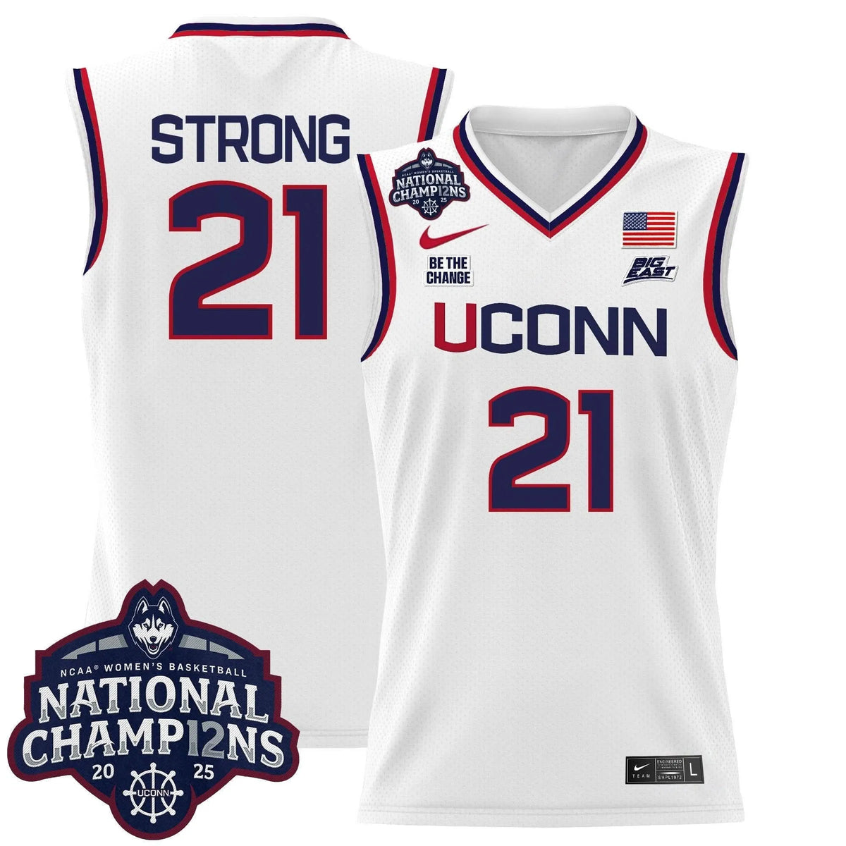 Personalized UCONN 2026 Women's National Champions Patch Lightweight Basketball Jersey - Stitched - White / Sarah Strong Stitched