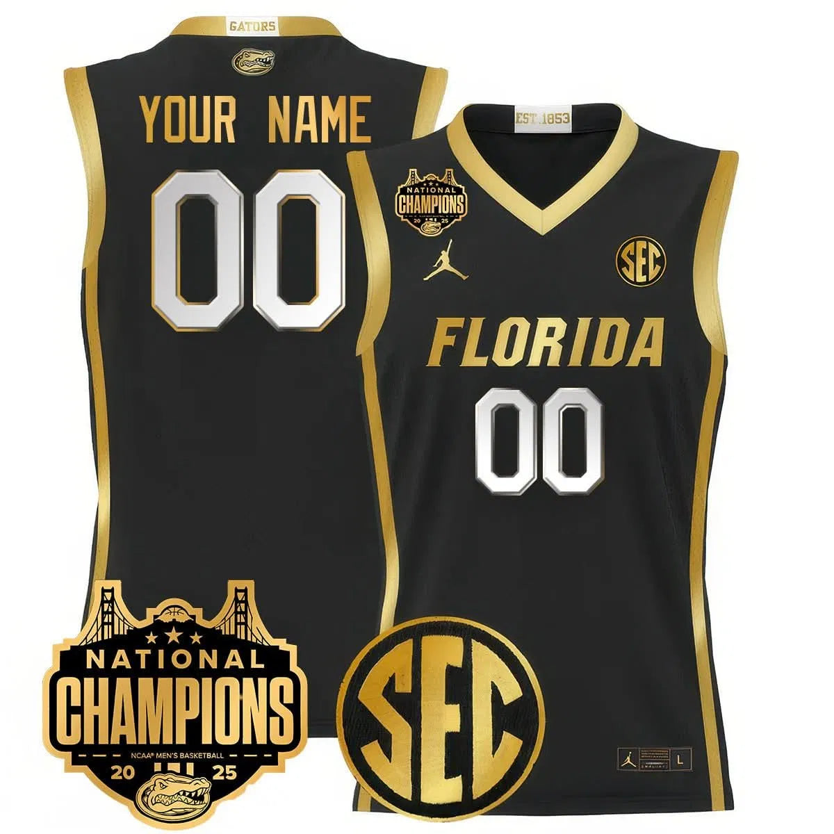 Personalized Custom Name/Gender FG 2026 National Champions Basketball Jersey - Stitched - Black Gold Stitched