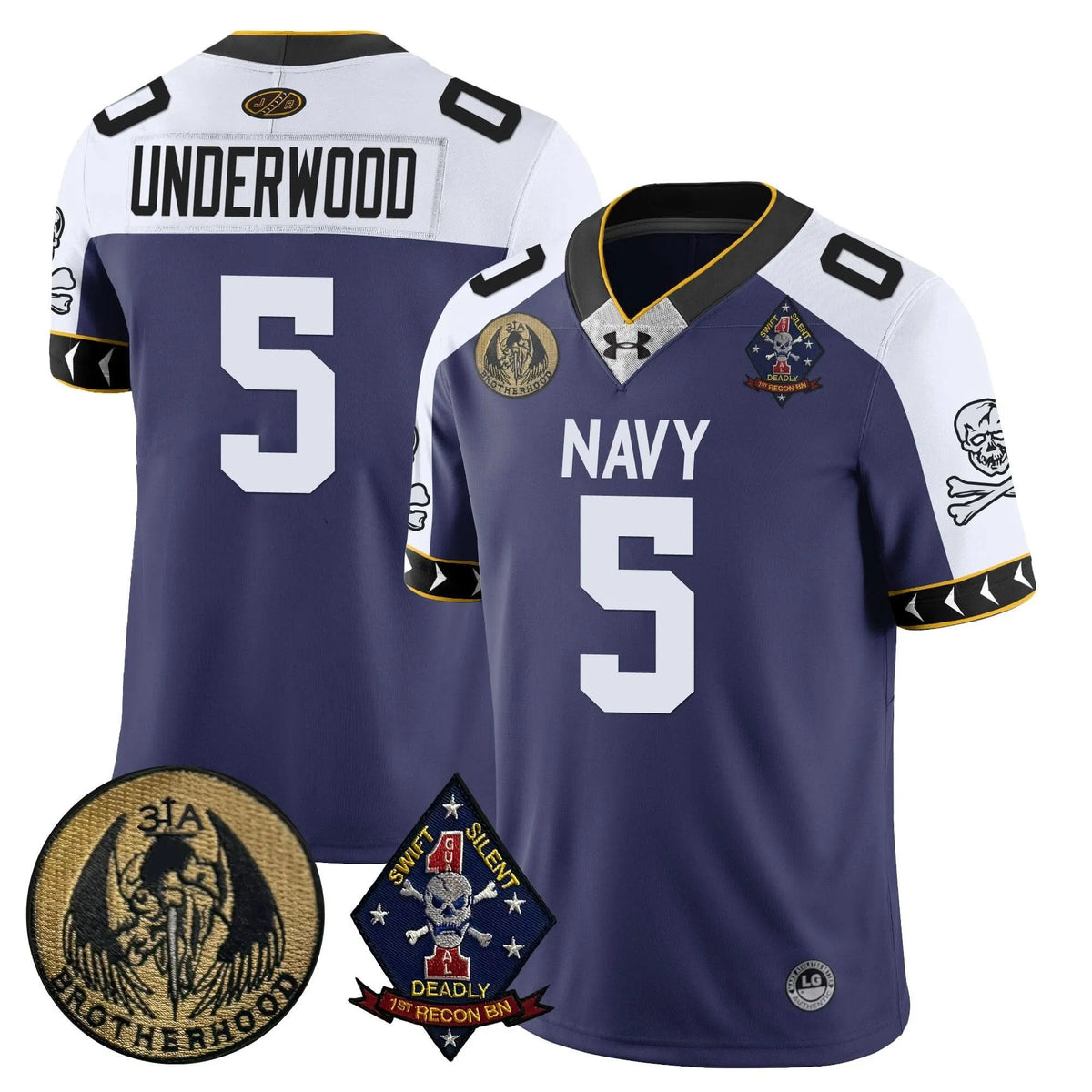 Personalized NM Lacrosse Jolly Rogers Vapor Limited Jersey - J.P. Underwood - 5 / Navy Alternate Stitched