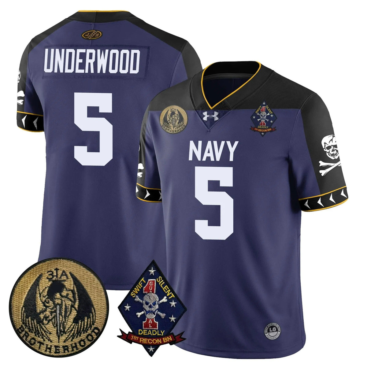 Personalized NM Lacrosse Jolly Rogers Vapor Limited Jersey - J.P. Underwood - 5 / Navy Stitched