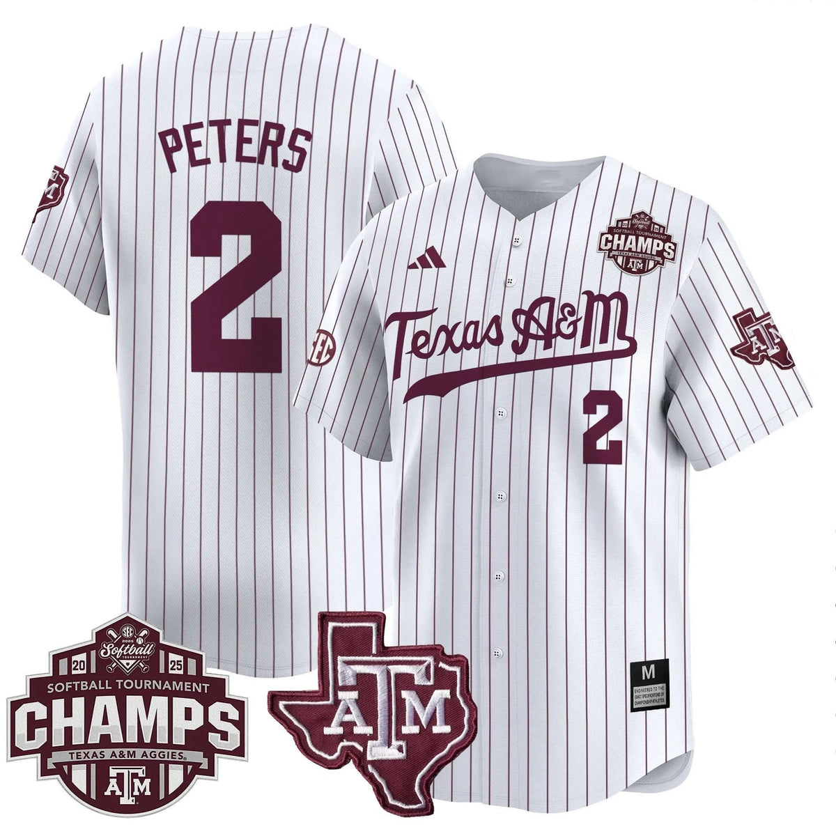 Personalized Aggies 2026 SEC Softball Conference Tournament Champions Patch Vapor Premier Limited Jersey - Stitched - White Pinstripe / Sidne Peters Stitched