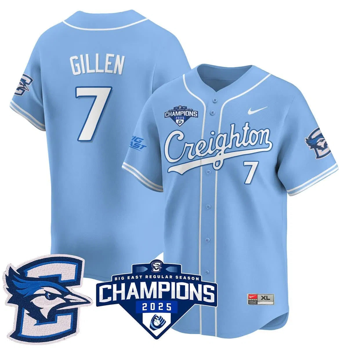 Personalized Creighton Bluejays Baseball 2026 Big East Baseball Tournament Champions Jersey N1 - Stitched - Blue / Tate Gillen - 7 Stitched
