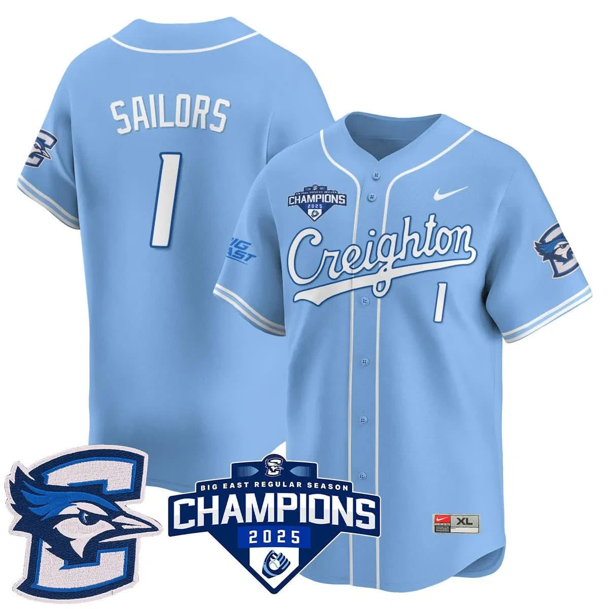 Personalized Creighton Bluejays Baseball 2026 Big East Baseball Tournament Champions Jersey N1 - Stitched - Blue / Nolan Sailors - 1 Stitched