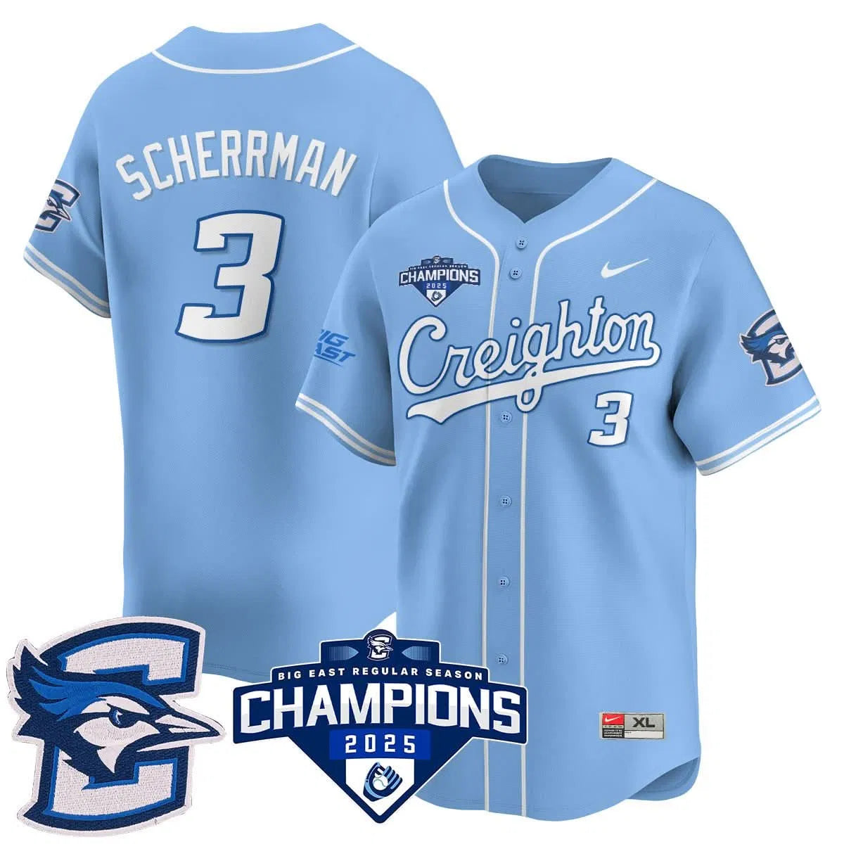 Personalized Creighton Bluejays Baseball 2026 Big East Baseball Tournament Champions Jersey N1 - Stitched - Blue / Matt Scherrman - 3 Stitched