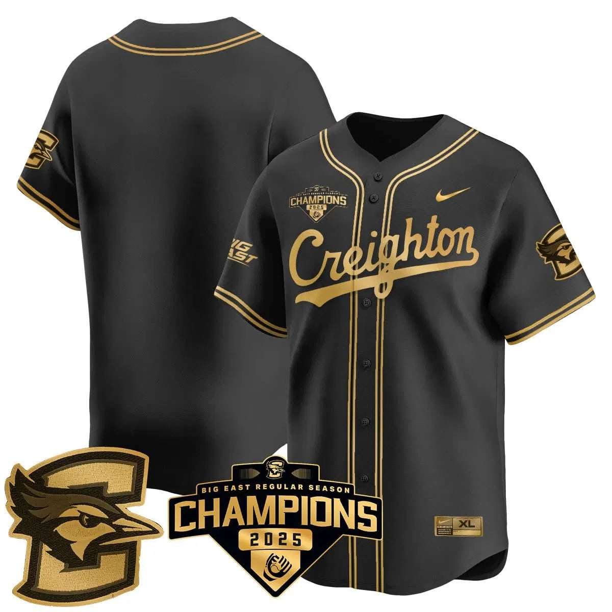 Personalized Creighton Bluejays Baseball 2026 Big East Baseball Tournament Champions Jersey N1 - Stitched - Black Gold / Team Stitched