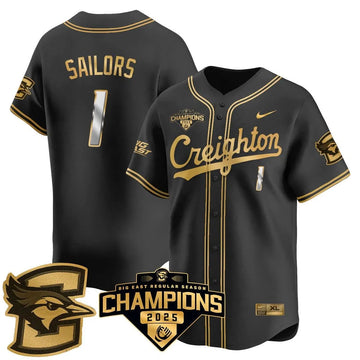 Personalized Creighton Bluejays Baseball 2026 Big East Baseball Tournament Champions Jersey N1 - Stitched - Black Gold / Nolan Sailors - 1 Stitched
