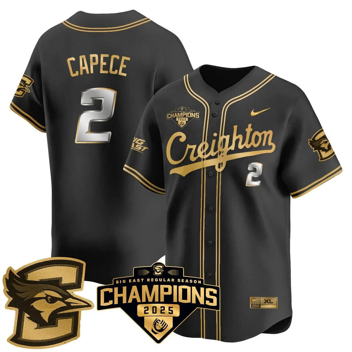 Personalized Creighton Bluejays Baseball 2026 Big East Baseball Tournament Champions Jersey N1 - Stitched - Black Gold / Connor Capece - 2 Stitched