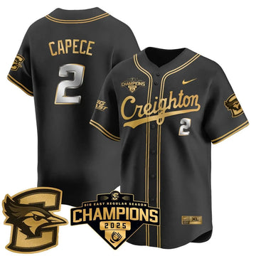 Personalized Creighton Bluejays Baseball 2026 Big East Baseball Tournament Champions Jersey N1 - Stitched - Black Gold / Connor Capece - 2 Stitched