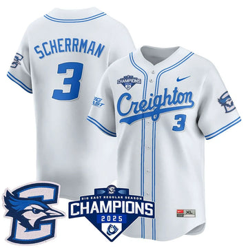 Personalized Creighton Bluejays Baseball 2026 Big East Baseball Tournament Champions Jersey N1 - Stitched - White / Matt Scherrman - 3 Stitched
