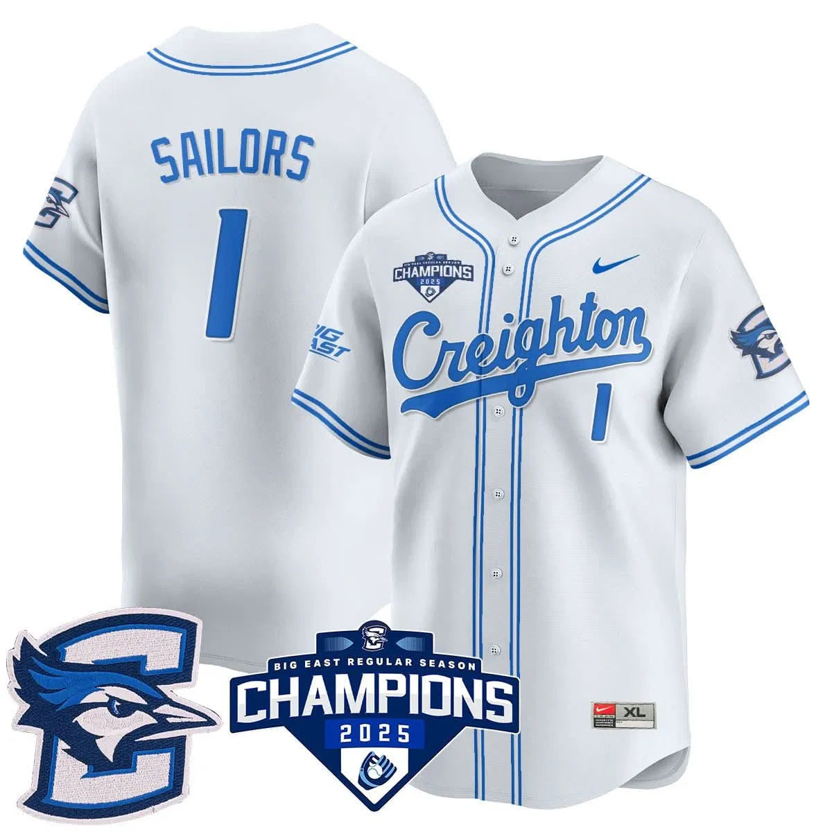 Personalized Creighton Bluejays Baseball 2026 Big East Baseball Tournament Champions Jersey N1 - Stitched - White / Nolan Sailors - 1 Stitched
