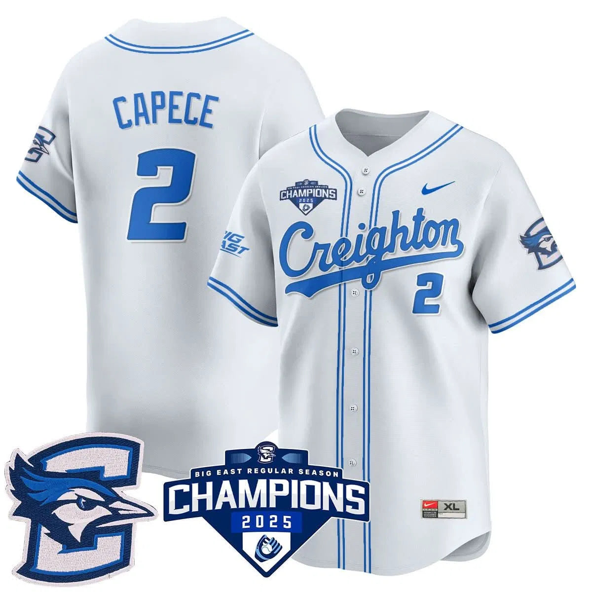 Personalized Creighton Bluejays Baseball 2026 Big East Baseball Tournament Champions Jersey N1 - Stitched - White / Connor Capece - 2 Stitched