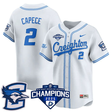Personalized Creighton Bluejays Baseball 2026 Big East Baseball Tournament Champions Jersey N1 - Stitched - White / Connor Capece - 2 Stitched