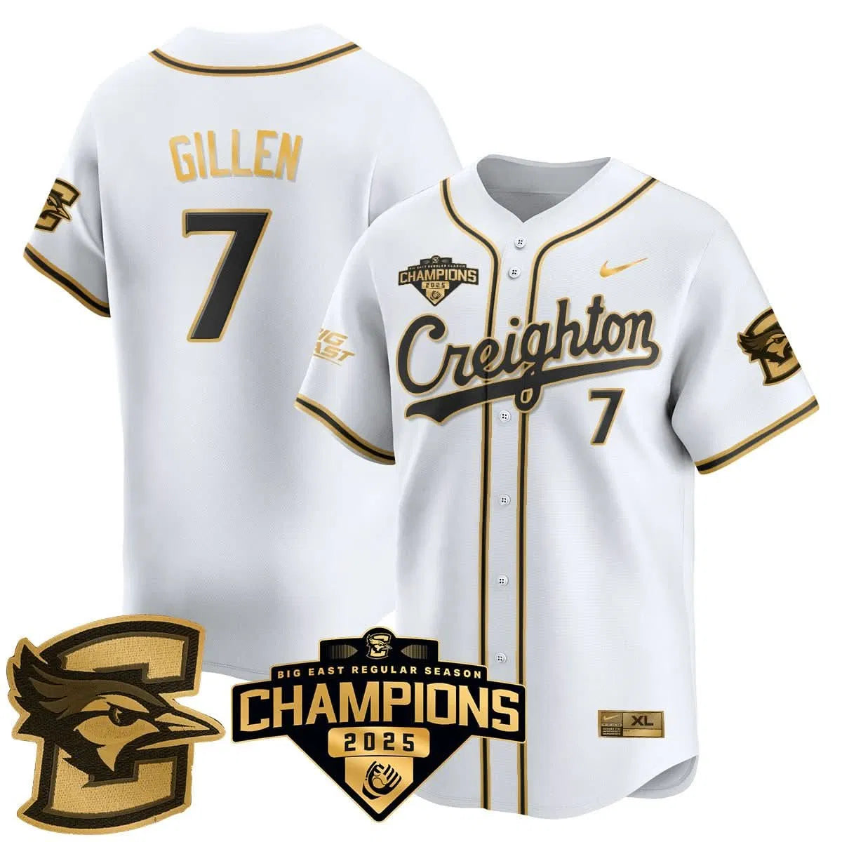 Personalized Creighton Bluejays Baseball 2026 Big East Baseball Tournament Champions Jersey N1 - Stitched - White Gold / Tate Gillen - 7 Stitched