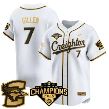 Personalized Creighton Bluejays Baseball 2026 Big East Baseball Tournament Champions Jersey N1 - Stitched - White Gold / Tate Gillen - 7 Stitched