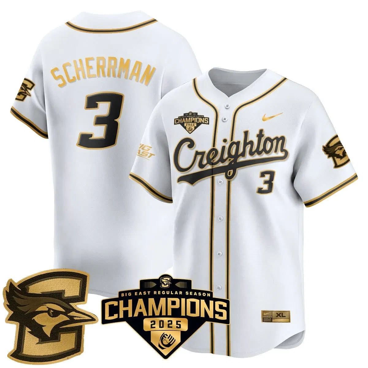 Personalized Creighton Bluejays Baseball 2026 Big East Baseball Tournament Champions Jersey N1 - Stitched - White Gold / Matt Scherrman - 3 Stitched