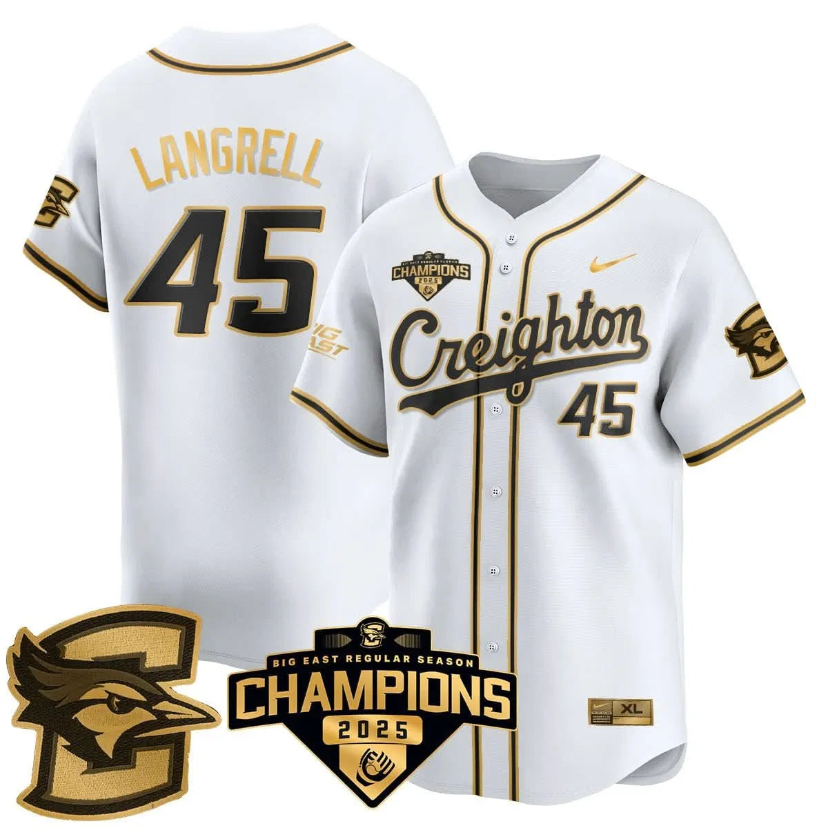 Personalized Creighton Bluejays Baseball 2026 Big East Baseball Tournament Champions Jersey N1 - Stitched - White Gold / Garrett Langrell - 45 Stitched