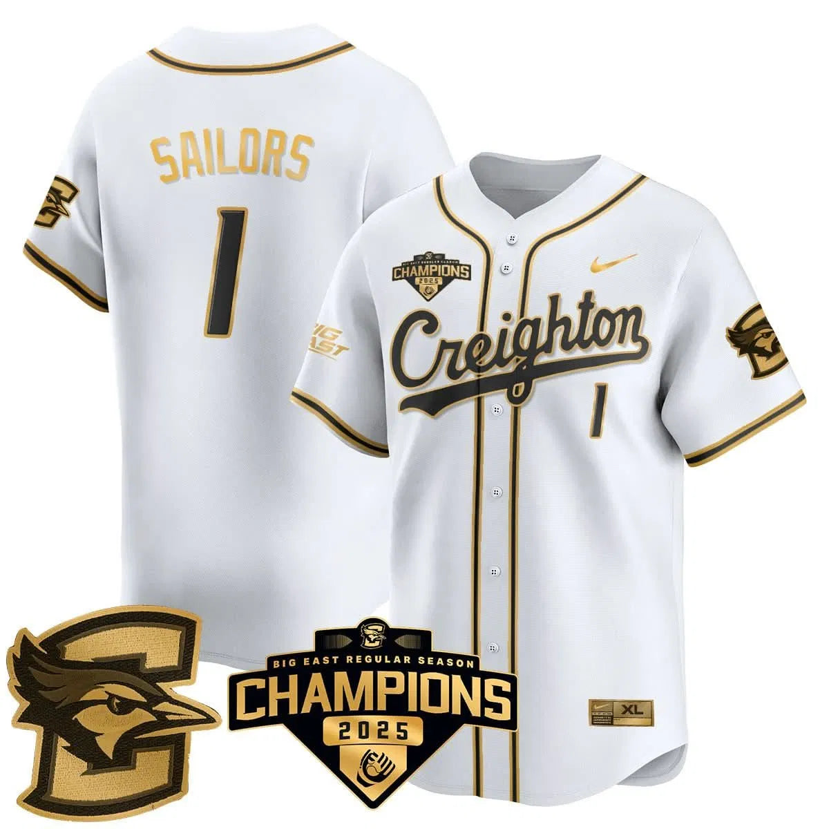 Personalized Creighton Bluejays Baseball 2026 Big East Baseball Tournament Champions Jersey N1 - Stitched - White Gold / Nolan Sailors - 1 Stitched