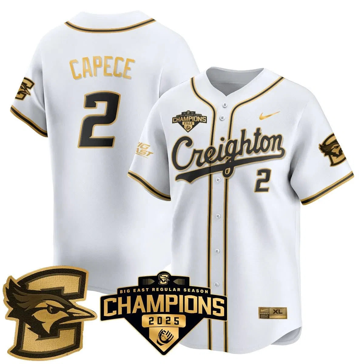 Personalized Creighton Bluejays Baseball 2026 Big East Baseball Tournament Champions Jersey N1 - Stitched - White Gold / Connor Capece - 2 Stitched