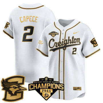 Personalized Creighton Bluejays Baseball 2026 Big East Baseball Tournament Champions Jersey N1 - Stitched - White Gold / Connor Capece - 2 Stitched