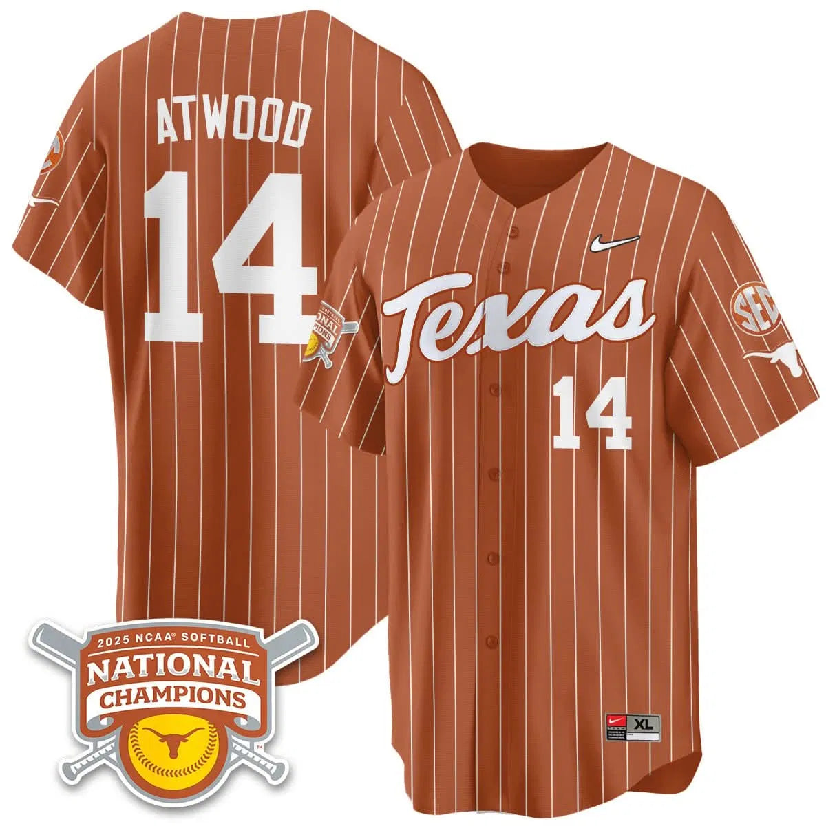 Personalized TL Softball 2026 World Series Champions Limited Jersey - Stitched - Orange Pinstripe / Reese Atwood - 14 Stitched