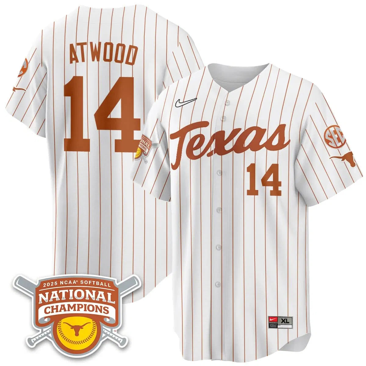 Personalized TL Softball 2026 World Series Champions Limited Jersey - Stitched - White Pinstripe / Reese Atwood - 14 Stitched