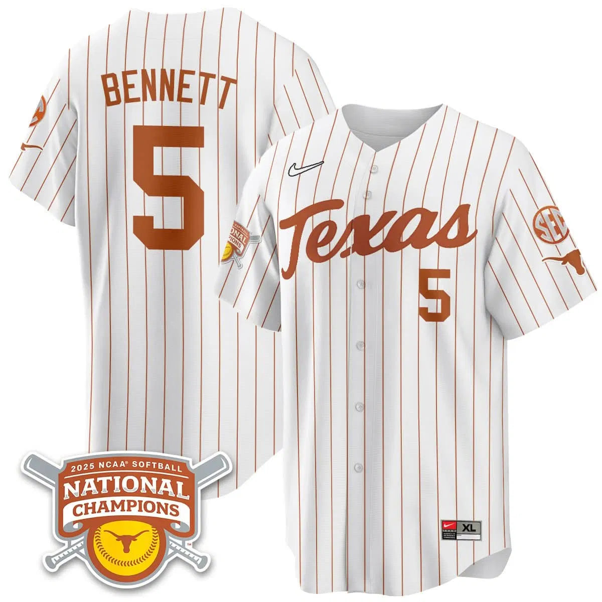 Personalized TL Softball 2026 World Series Champions Limited Jersey - Stitched - White Pinstripe / Kaydee Bennett - 5 Stitched